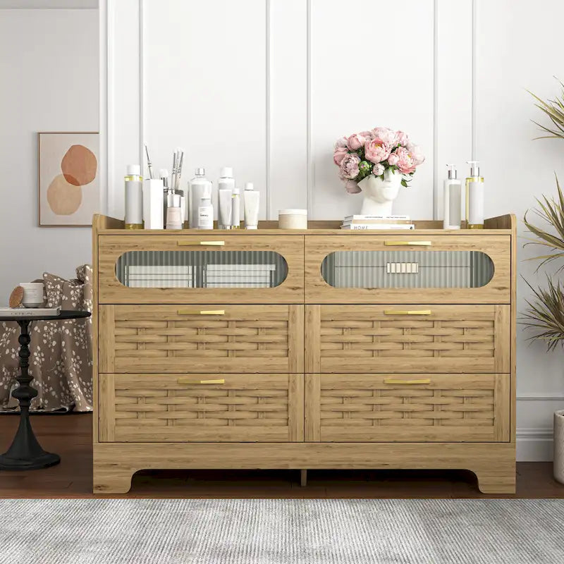 Natural Wood 5-Drawer Dresser with Gold Handles – Brown