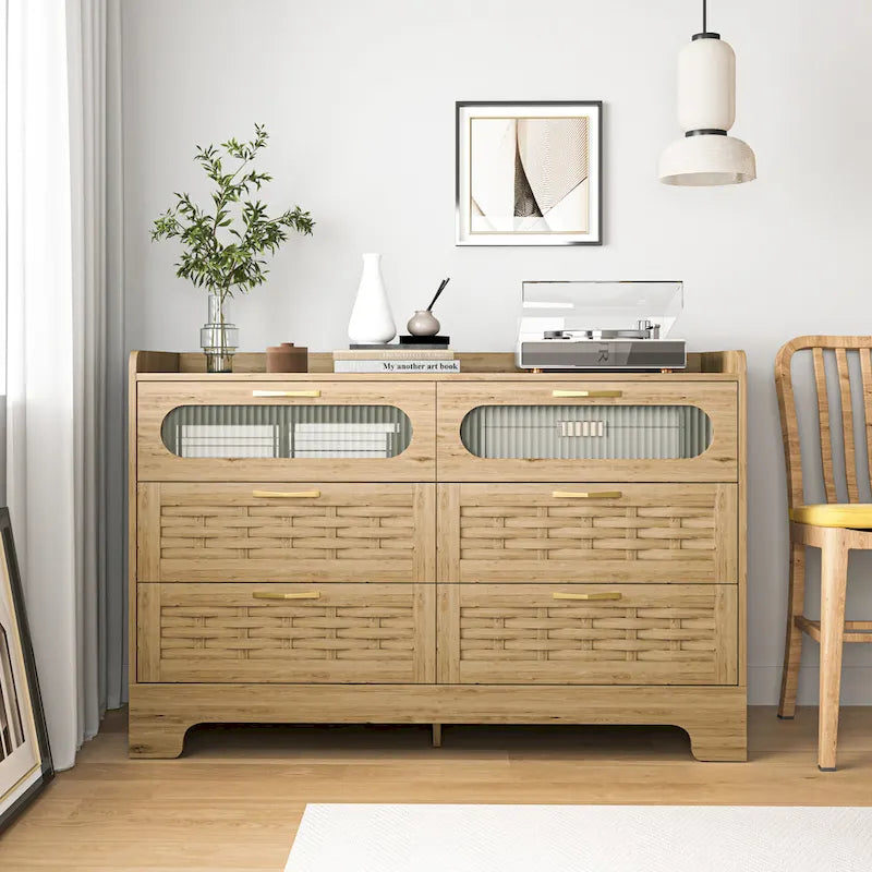 Natural Wood 5-Drawer Dresser with Gold Handles – Brown