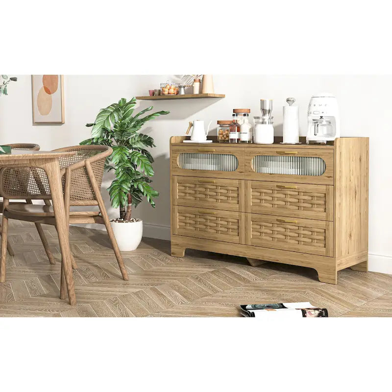 Natural Wood 5-Drawer Dresser with Gold Handles – Brown