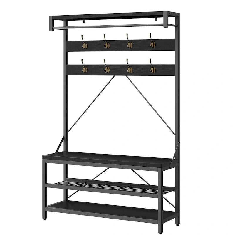 Hall Tree Shoe Bench with Storage Shelves – Black / Grey / Brown, 1-Person