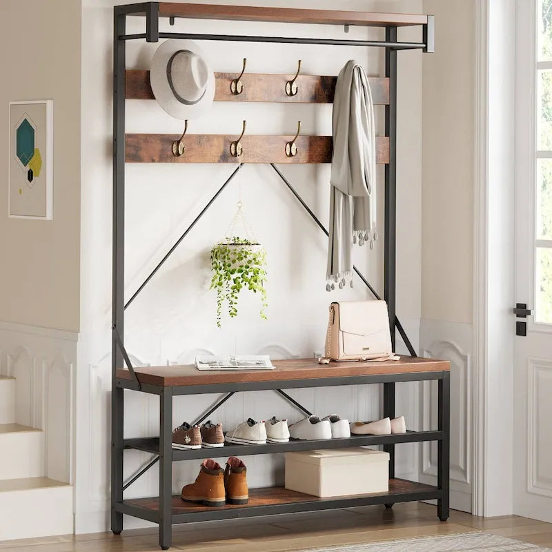 Hall Tree Shoe Bench with Storage Shelves – Black / Grey / Brown, 1-Person