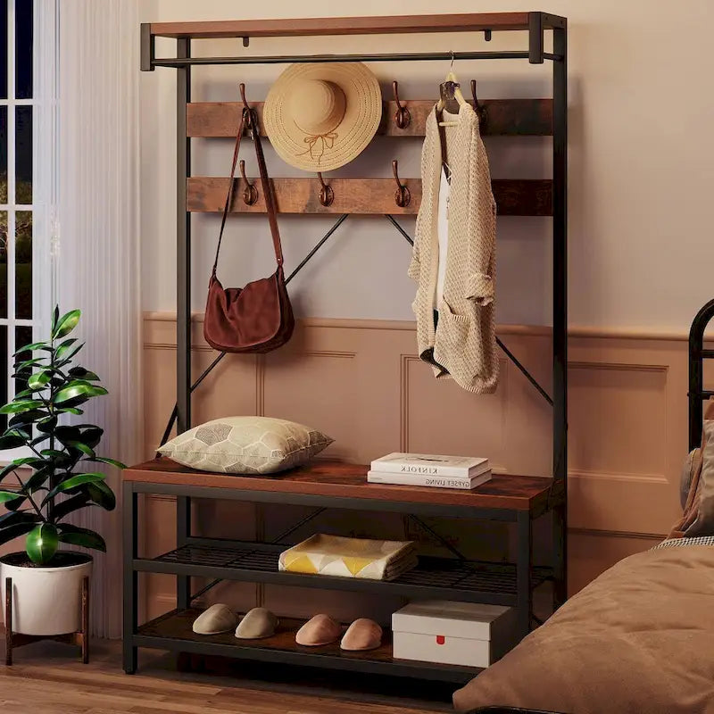 Hall Tree Shoe Bench with Storage Shelves – Black / Grey / Brown, 1-Person