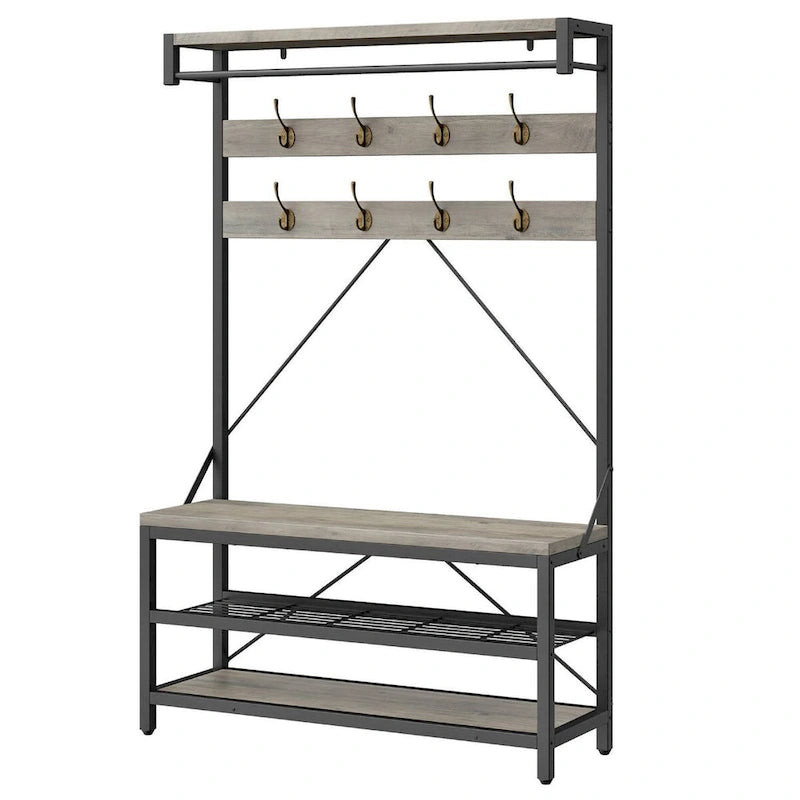 Hall Tree Shoe Bench with Storage Shelves – Black / Grey / Brown, 1-Person