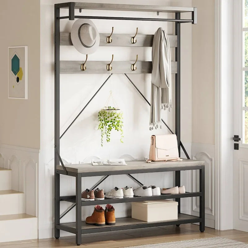 Hall Tree Shoe Bench with Storage Shelves – Black / Grey / Brown, 1-Person