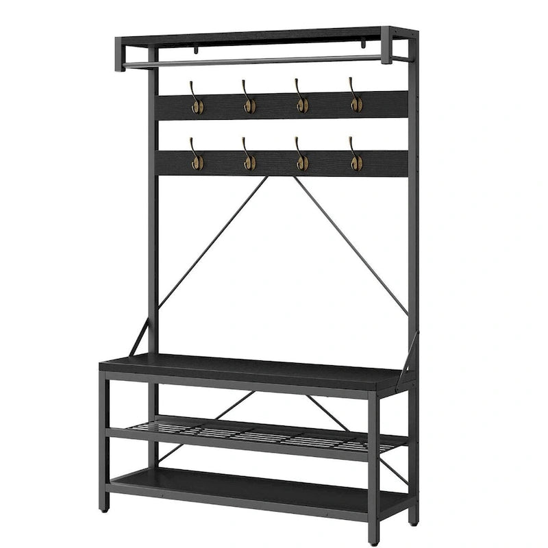 Hall Tree Shoe Bench with Storage Shelves – Black / Grey / Brown, 1-Person