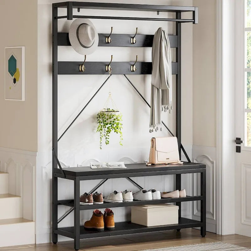 Hall Tree Shoe Bench with Storage Shelves – Black / Grey / Brown, 1-Person