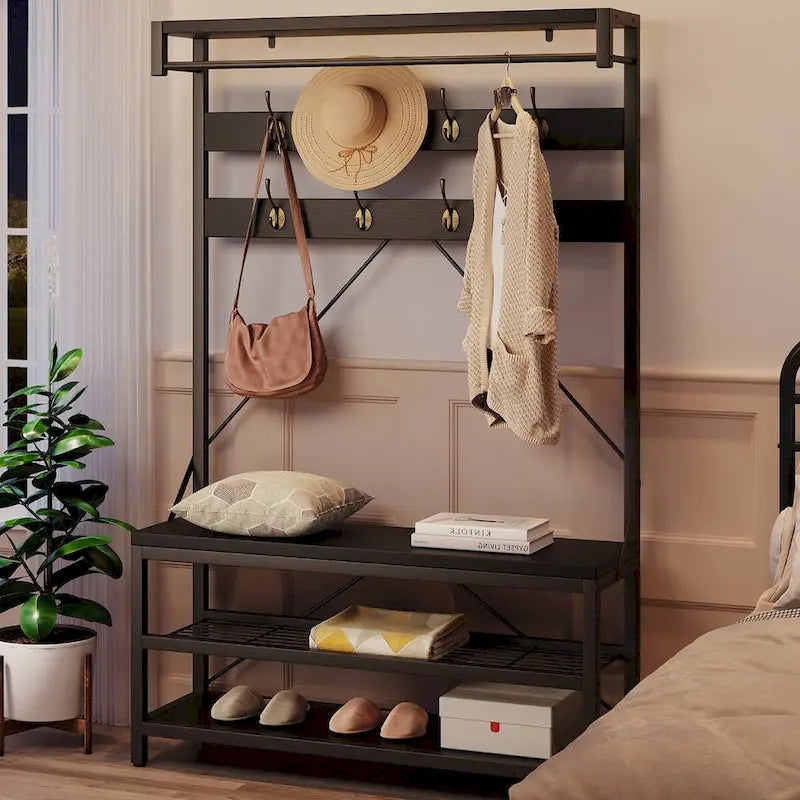 Hall Tree Shoe Bench with Storage Shelves – Black / Grey / Brown, 1-Person