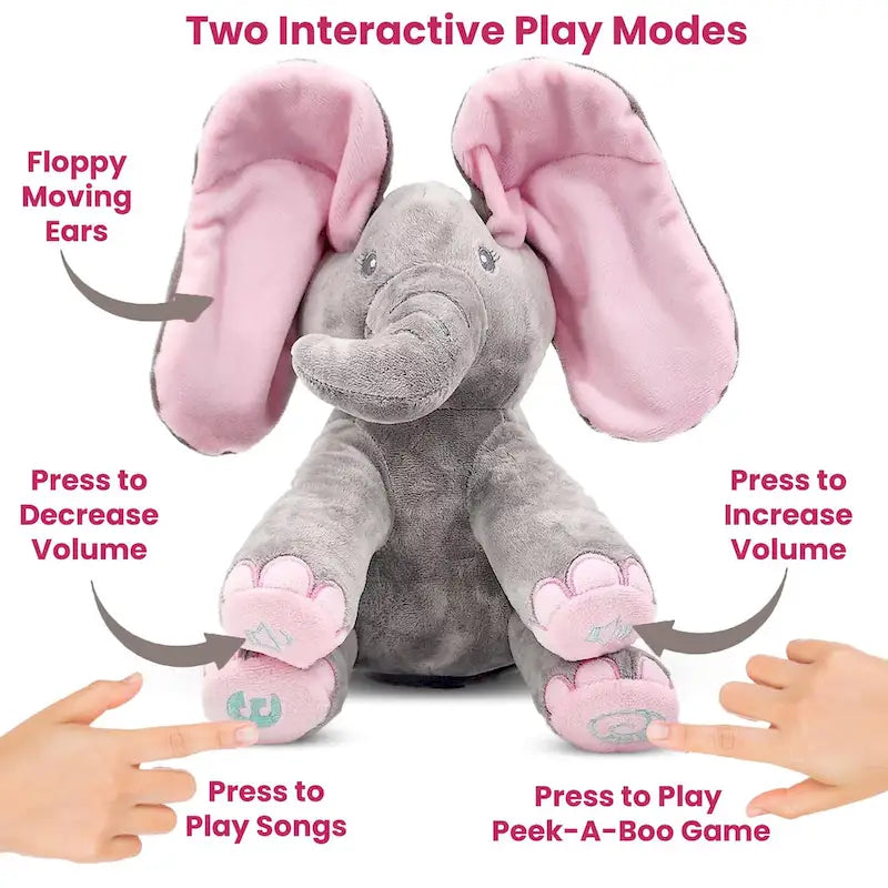 Peluche animado de elefante Kaia que canta con función interactiva de "peek-a-boo"