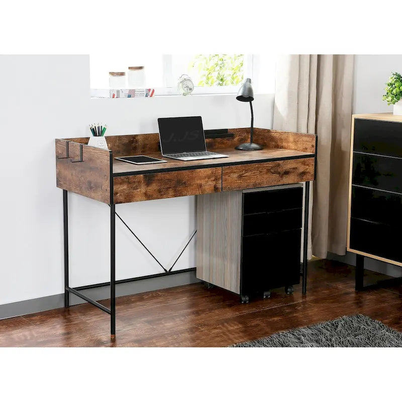 48" Writing Desk with Drawers & Privacy Panel – Rustic Brown / Walnut Cement, 1 Person