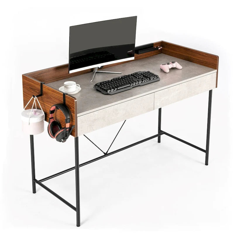 48" Writing Desk with Drawers & Privacy Panel – Rustic Brown / Walnut Cement, 1 Person