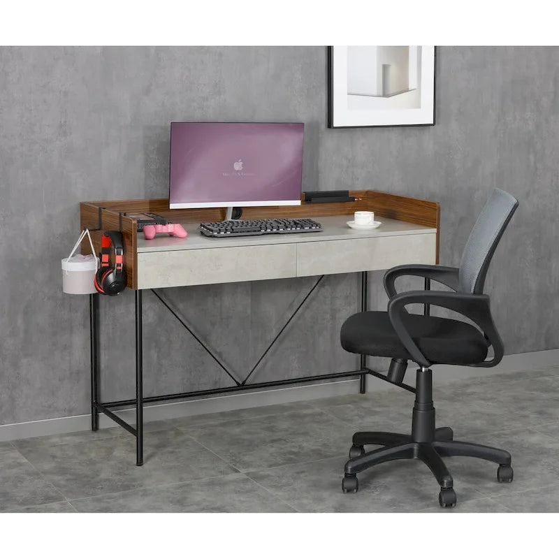 48" Writing Desk with Drawers & Privacy Panel – Rustic Brown / Walnut Cement, 1 Person