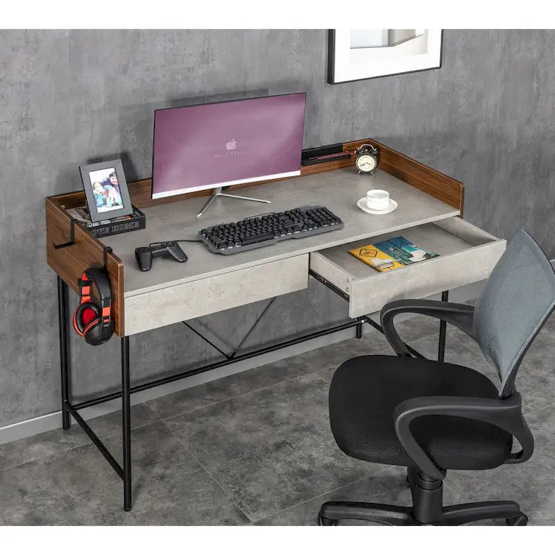 48" Writing Desk with Drawers & Privacy Panel – Rustic Brown / Walnut Cement, 1 Person