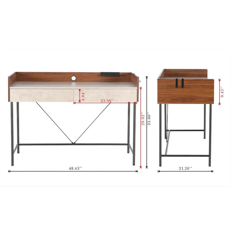 48" Writing Desk with Drawers & Privacy Panel – Rustic Brown / Walnut Cement, 1 Person