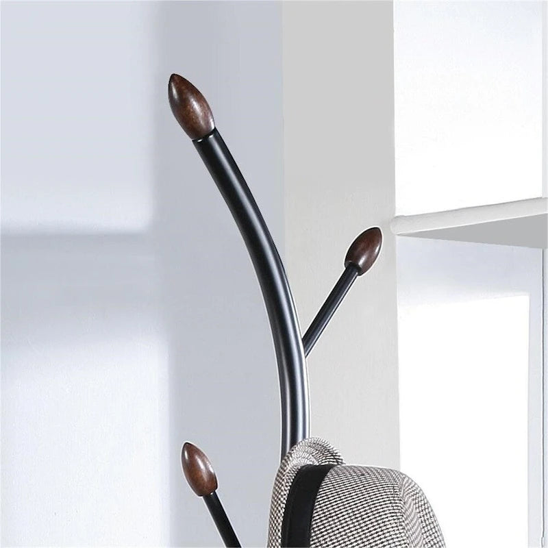 Black Branch-Style Standing Coat Rack with 9 Hooks, Metal & Wood