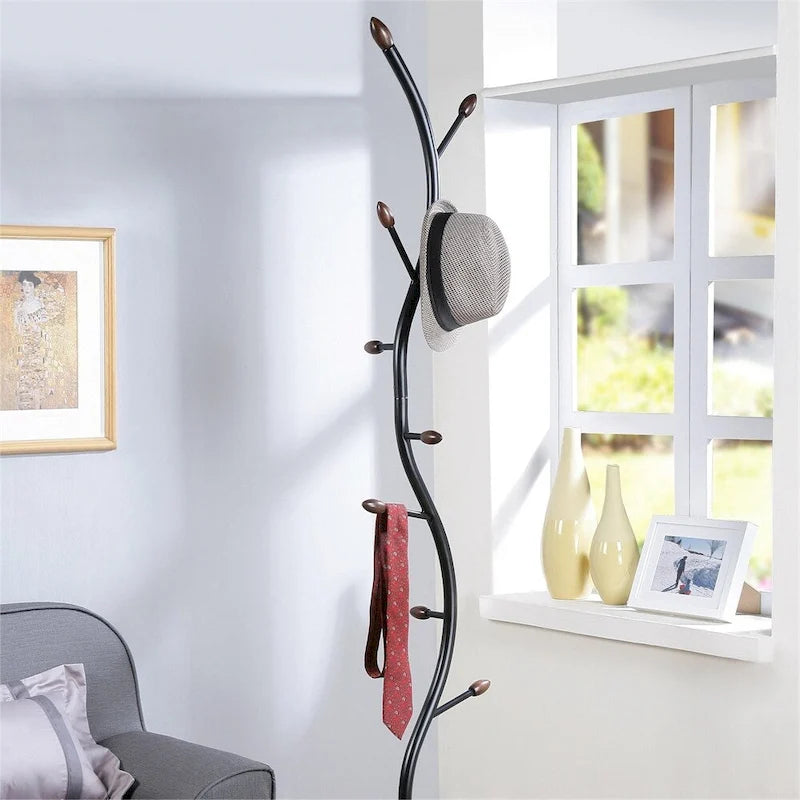 Black Branch-Style Standing Coat Rack with 9 Hooks, Metal & Wood