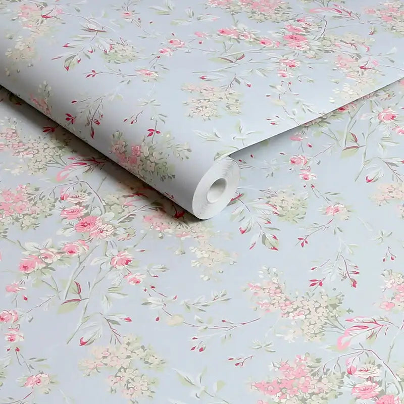Papel tapiz floral de jardín rosa y azul