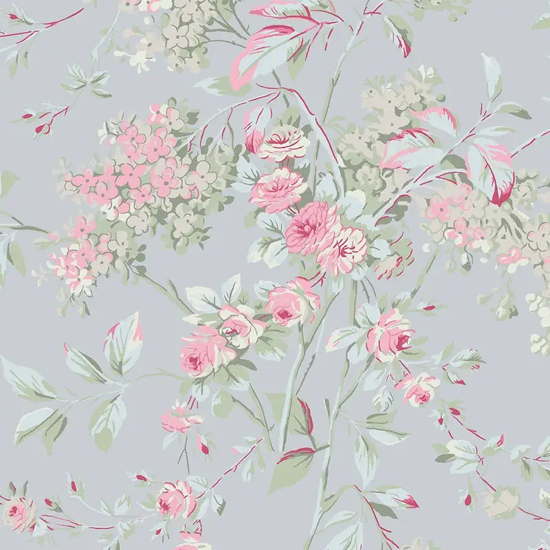 Papel tapiz floral de jardín rosa y azul