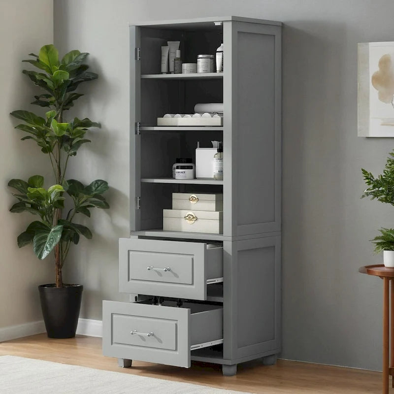 Grey / Black Tall Bathroom Storage Cabinet, 2 Drawers, Adjustable Shelf, MDF