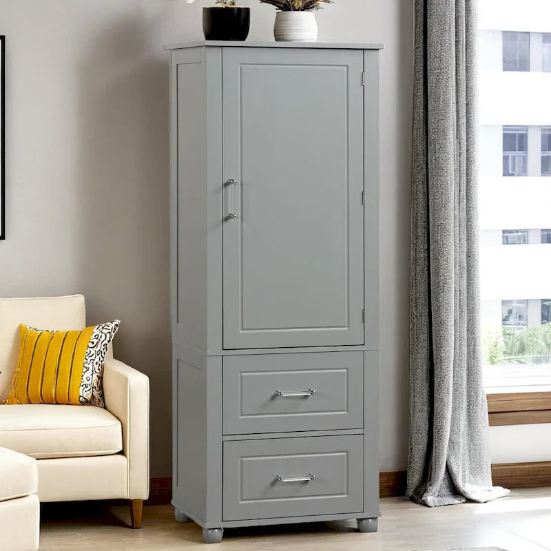 Grey / Black Tall Bathroom Storage Cabinet, 2 Drawers, Adjustable Shelf, MDF