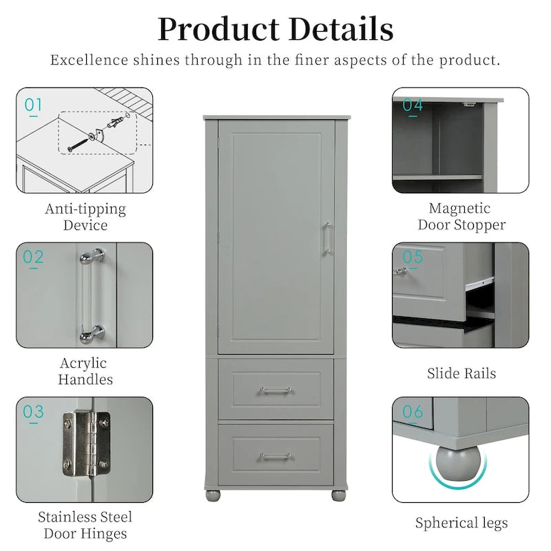 Grey / Black Tall Bathroom Storage Cabinet, 2 Drawers, Adjustable Shelf, MDF