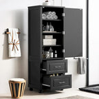 Grey / Black Tall Bathroom Storage Cabinet, 2 Drawers, Adjustable Shelf, MDF