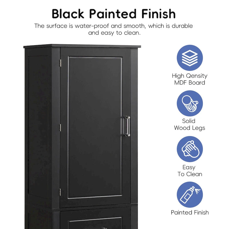 Grey / Black Tall Bathroom Storage Cabinet, 2 Drawers, Adjustable Shelf, MDF