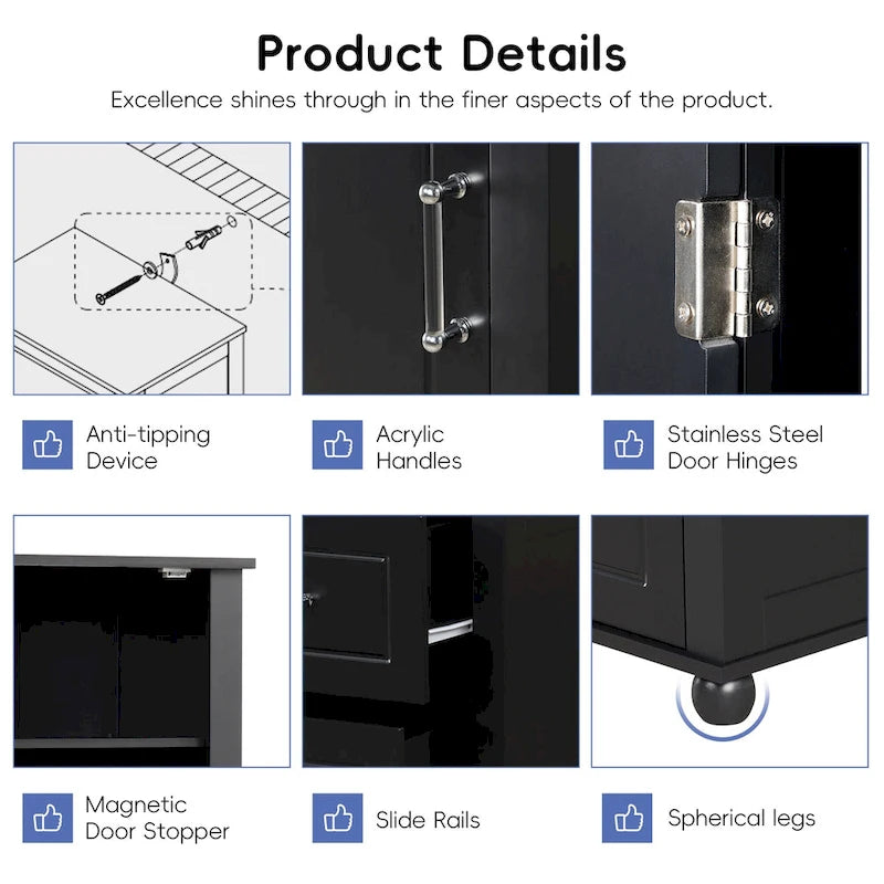 Grey / Black Tall Bathroom Storage Cabinet, 2 Drawers, Adjustable Shelf, MDF