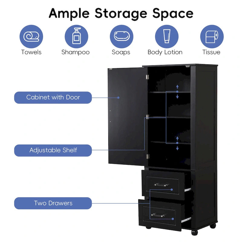Grey / Black Tall Bathroom Storage Cabinet, 2 Drawers, Adjustable Shelf, MDF