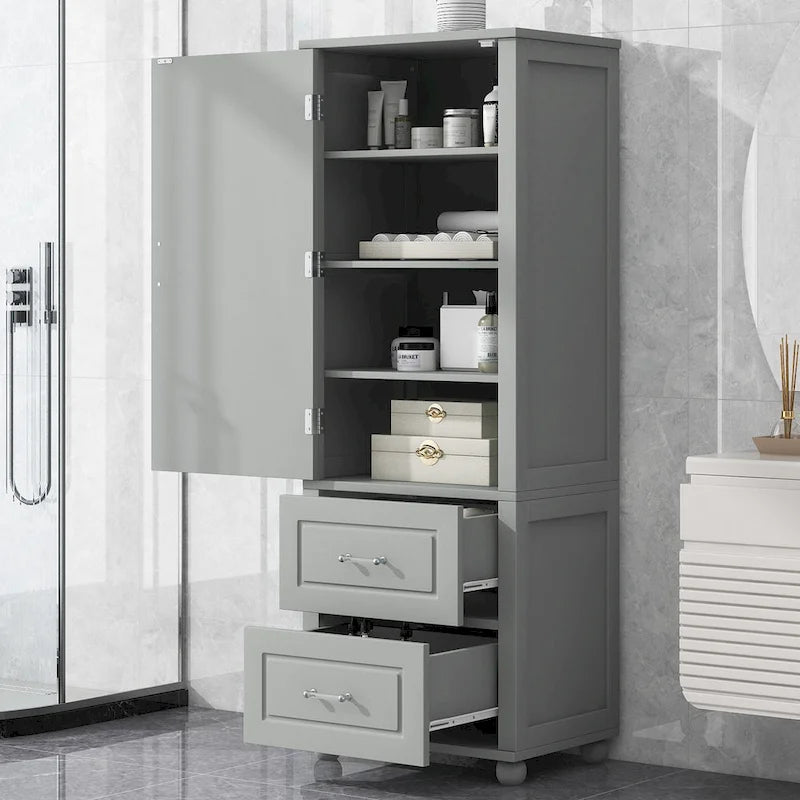 Grey / Black Tall Bathroom Storage Cabinet, 2 Drawers, Adjustable Shelf, MDF