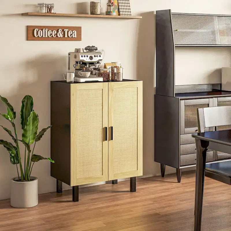 Black / White Sideboard Cabinet with 2 Rattan Doors, 3-Tier Adjustable Shelves, 1 Person Assembly