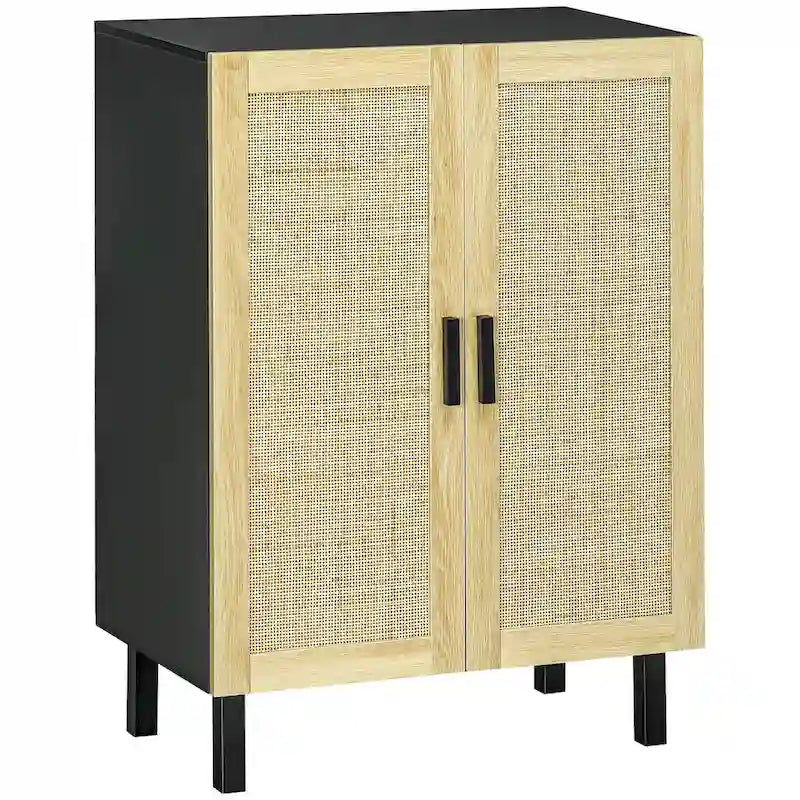Black / White Sideboard Cabinet with 2 Rattan Doors, 3-Tier Adjustable Shelves, 1 Person Assembly