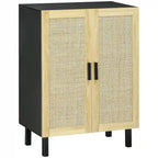 Black / White Sideboard Cabinet with 2 Rattan Doors, 3-Tier Adjustable Shelves, 1 Person Assembly