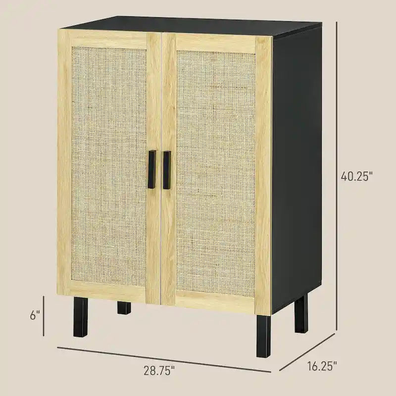 Black / White Sideboard Cabinet with 2 Rattan Doors, 3-Tier Adjustable Shelves, 1 Person Assembly