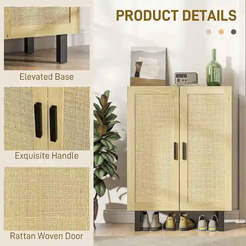 Black / White Sideboard Cabinet with 2 Rattan Doors, 3-Tier Adjustable Shelves, 1 Person Assembly