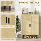 Black / White Sideboard Cabinet with 2 Rattan Doors, 3-Tier Adjustable Shelves, 1 Person Assembly