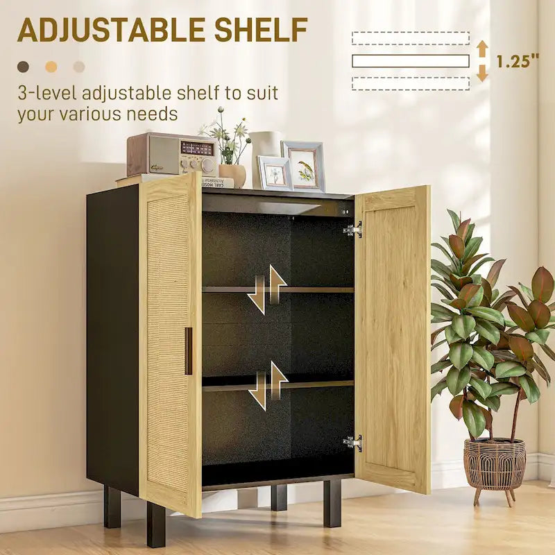 Black / White Sideboard Cabinet with 2 Rattan Doors, 3-Tier Adjustable Shelves, 1 Person Assembly