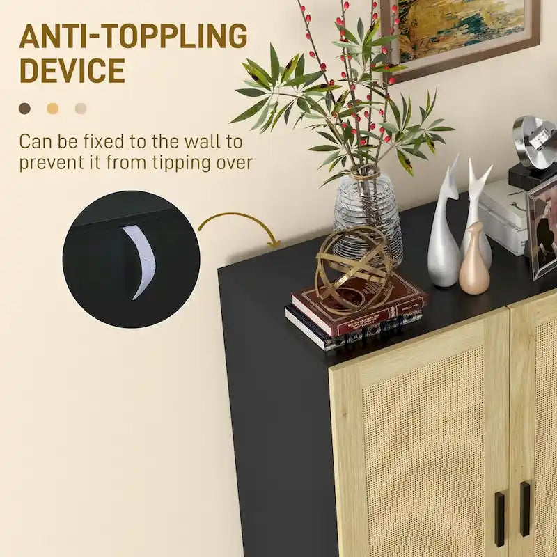 Black / White Sideboard Cabinet with 2 Rattan Doors, 3-Tier Adjustable Shelves, 1 Person Assembly