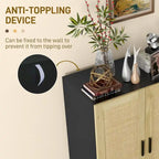 Black / White Sideboard Cabinet with 2 Rattan Doors, 3-Tier Adjustable Shelves, 1 Person Assembly
