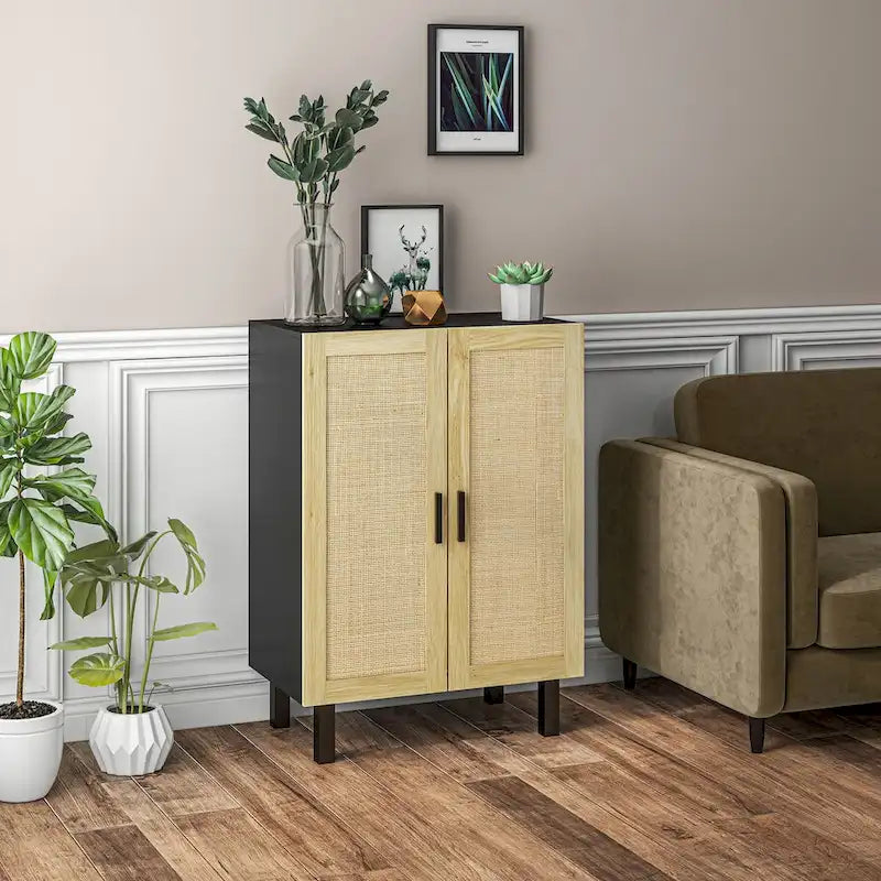 Black / White Sideboard Cabinet with 2 Rattan Doors, 3-Tier Adjustable Shelves, 1 Person Assembly