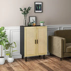 Black / White Sideboard Cabinet with 2 Rattan Doors, 3-Tier Adjustable Shelves, 1 Person Assembly