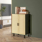 Black / White Sideboard Cabinet with 2 Rattan Doors, 3-Tier Adjustable Shelves, 1 Person Assembly