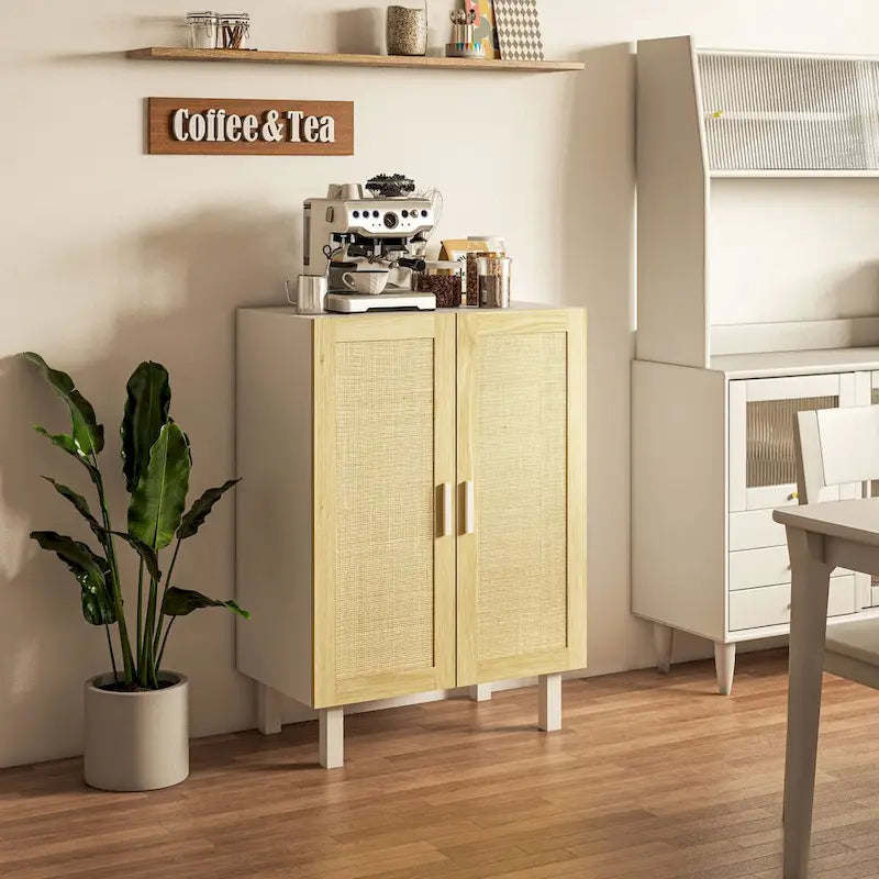 Black / White Sideboard Cabinet with 2 Rattan Doors, 3-Tier Adjustable Shelves, 1 Person Assembly