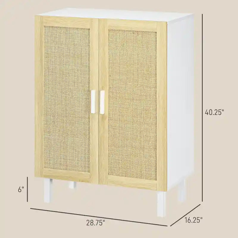 Black / White Sideboard Cabinet with 2 Rattan Doors, 3-Tier Adjustable Shelves, 1 Person Assembly