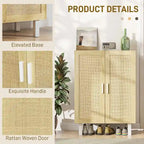 Black / White Sideboard Cabinet with 2 Rattan Doors, 3-Tier Adjustable Shelves, 1 Person Assembly