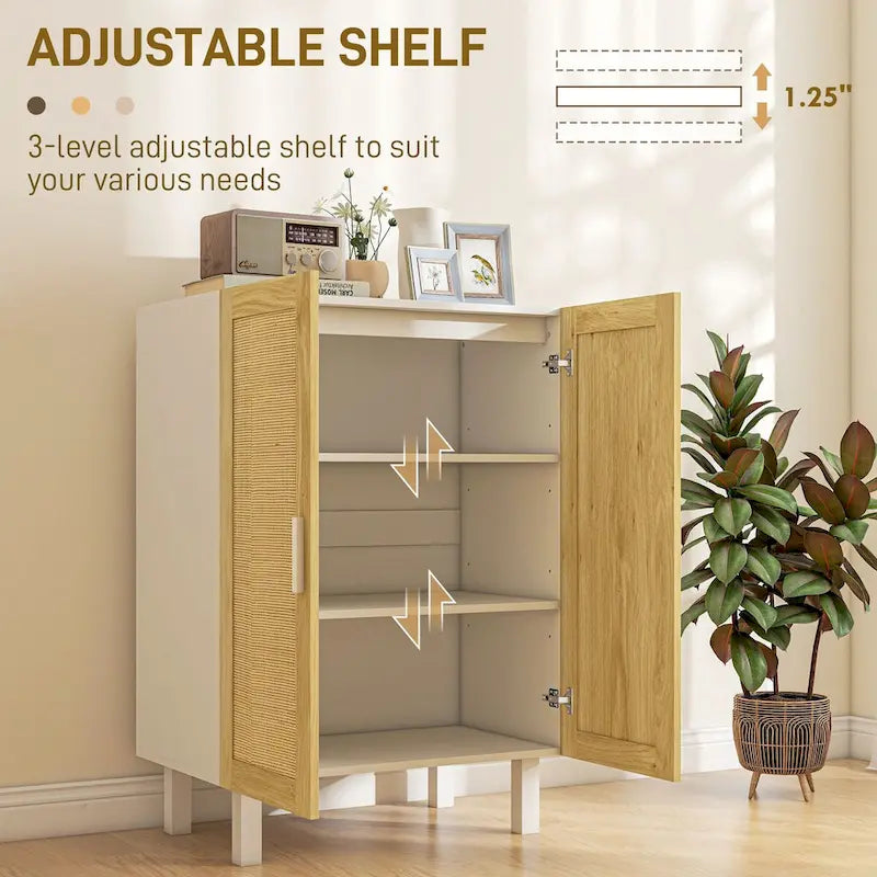 Black / White Sideboard Cabinet with 2 Rattan Doors, 3-Tier Adjustable Shelves, 1 Person Assembly