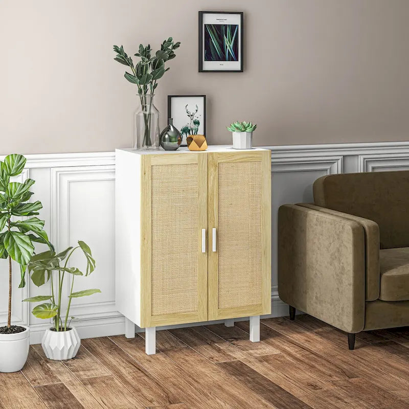 Black / White Sideboard Cabinet with 2 Rattan Doors, 3-Tier Adjustable Shelves, 1 Person Assembly
