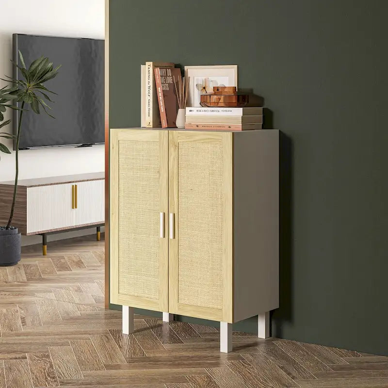 Black / White Sideboard Cabinet with 2 Rattan Doors, 3-Tier Adjustable Shelves, 1 Person Assembly