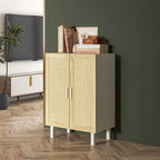 Black / White Sideboard Cabinet with 2 Rattan Doors, 3-Tier Adjustable Shelves, 1 Person Assembly